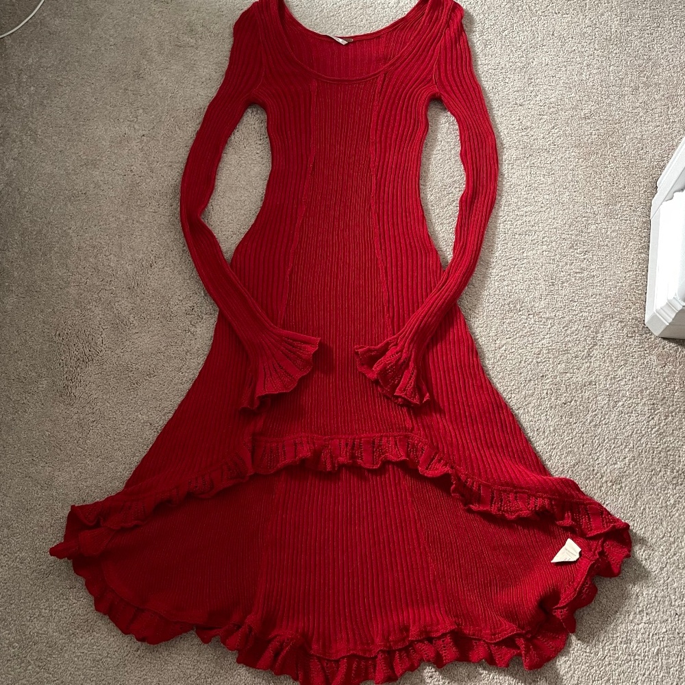 Free People Red Crochet High Low Ruffle Sweater Dress Size Extra Small